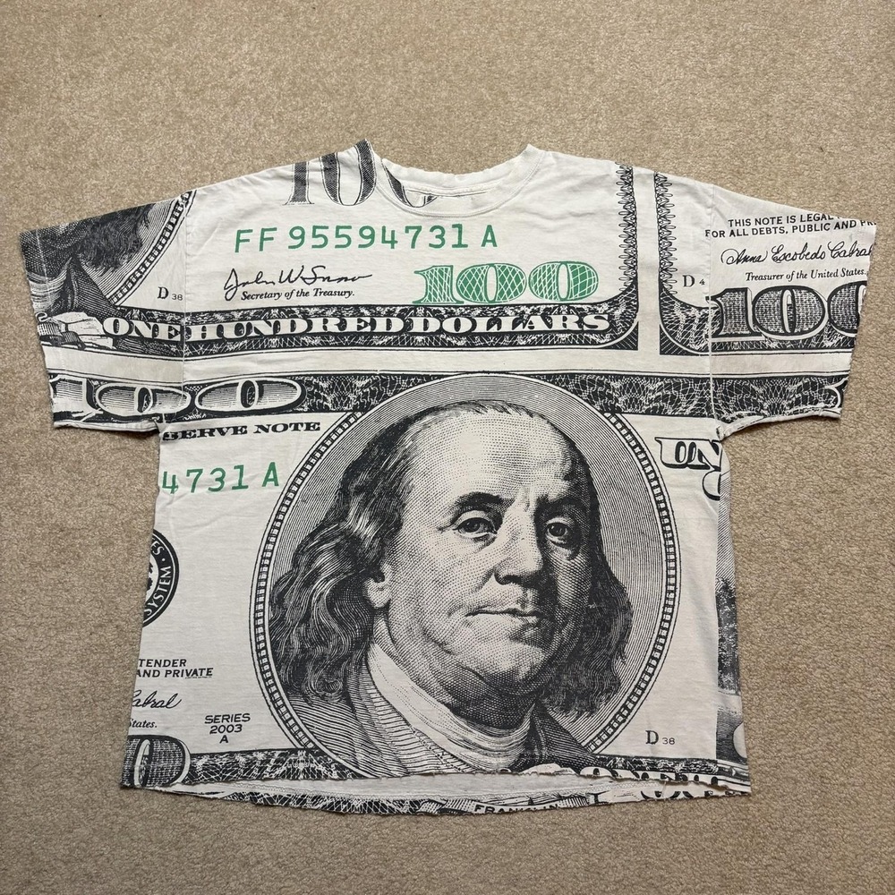 Y2K Money AOP Shirt Mens 2XL White $100 Dollar Bill Benjamin Franklin Tee Grunge